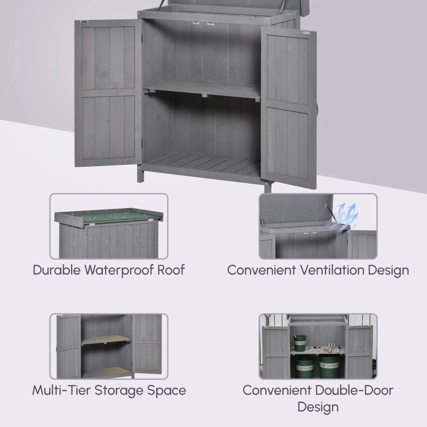 Wooden Garden Tool Shed, Hinged Roof, 2-Tier Shelves, Double Doors, 74x43x88cm, Dark Grey Sheds at Gallery Canada