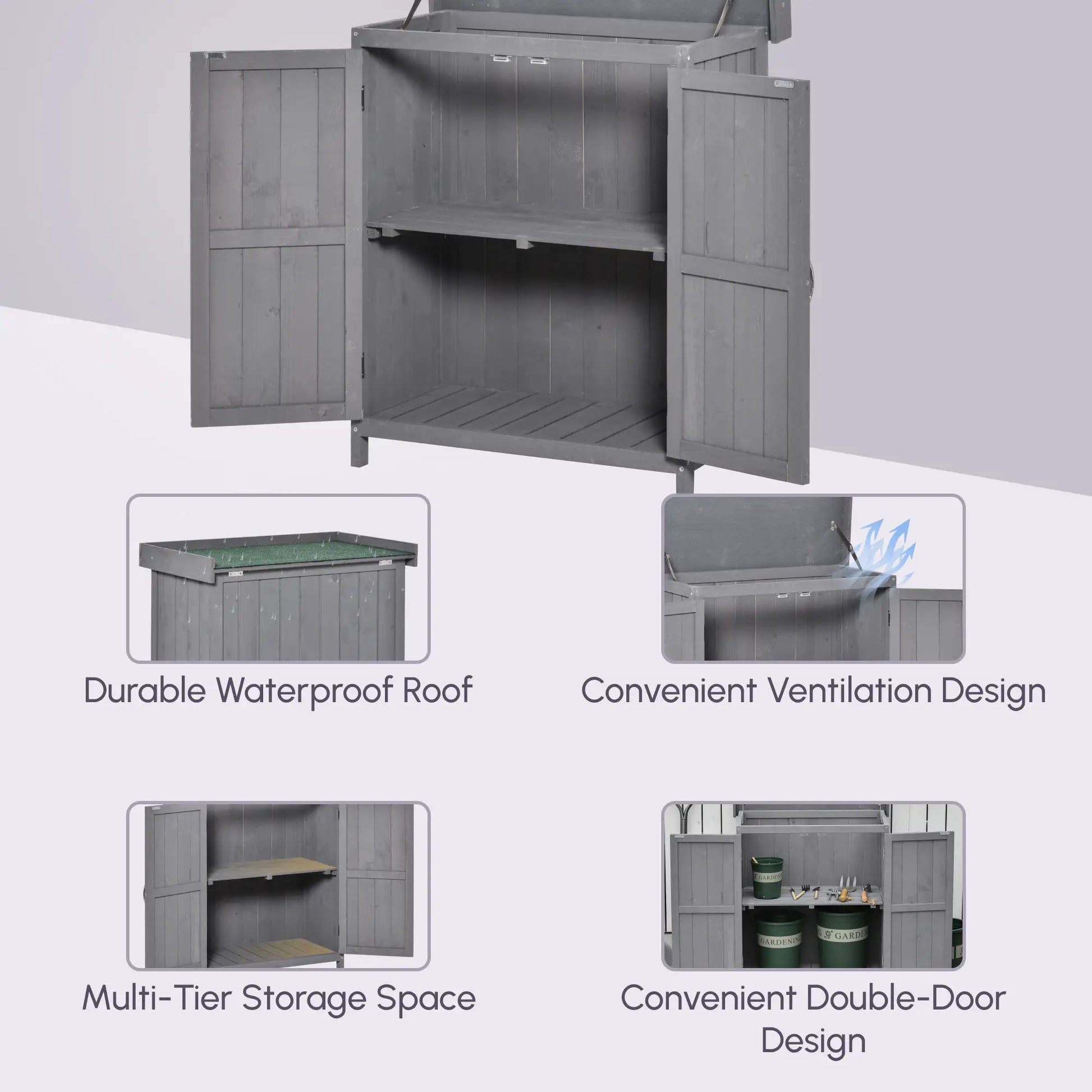 Wooden Garden Tool Shed, Hinged Roof, 2-Tier Shelves, Double Doors, 74x43x88cm, Dark Grey Sheds at Gallery Canada