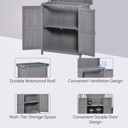 Wooden Garden Tool Shed, Hinged Roof, 2-Tier Shelves, Double Doors, 74x43x88cm, Dark Grey Sheds at Gallery Canada