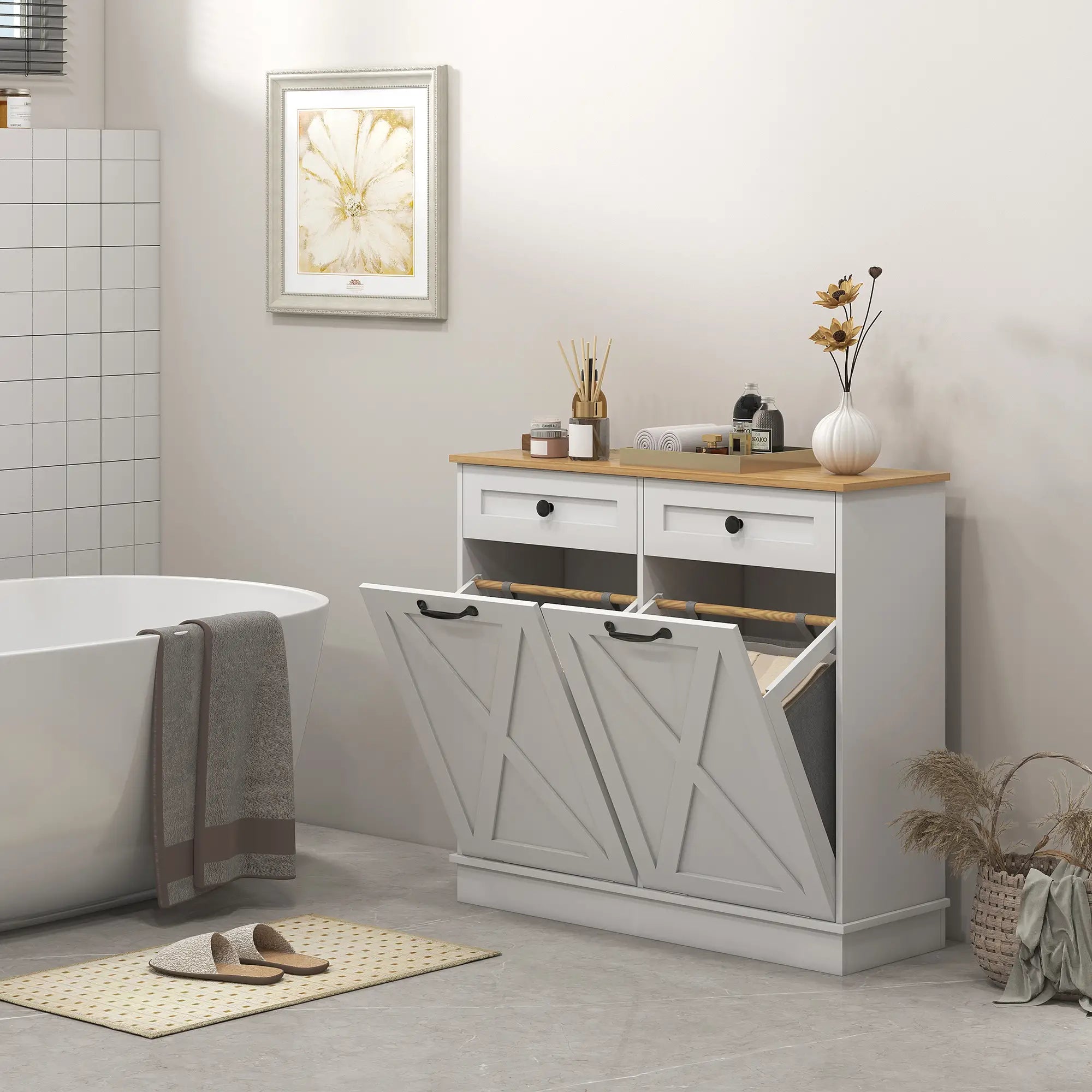 Tilt Out Laundry Cabinet, Bathroom Storage, 2 Baskets, 2 Drawers, White Bathroom Cabinets at Gallery Canada