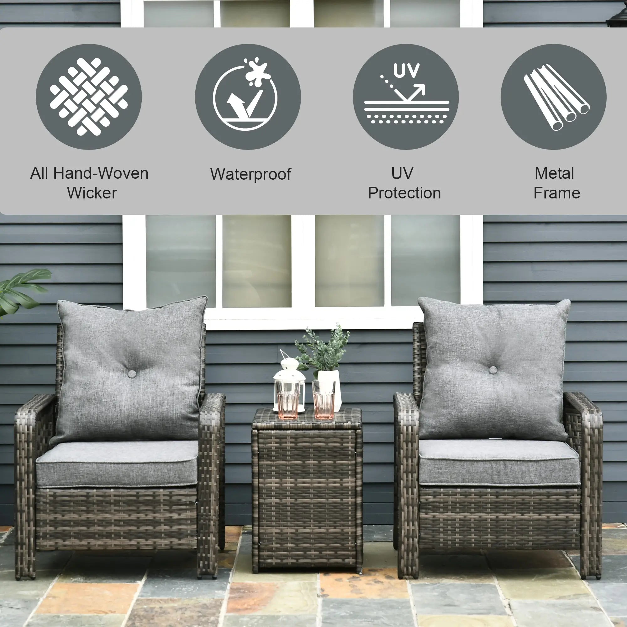 3-Piece Wicker Patio Set, Rattan Bistro with Storage Table, Grey Bistro Sets at Gallery Canada