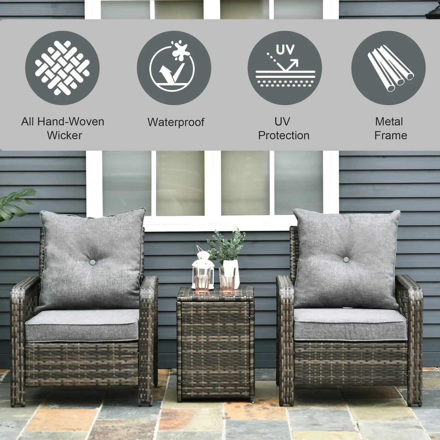 3-Piece Wicker Patio Set, Rattan Bistro with Storage Table, Grey Bistro Sets at Gallery Canada