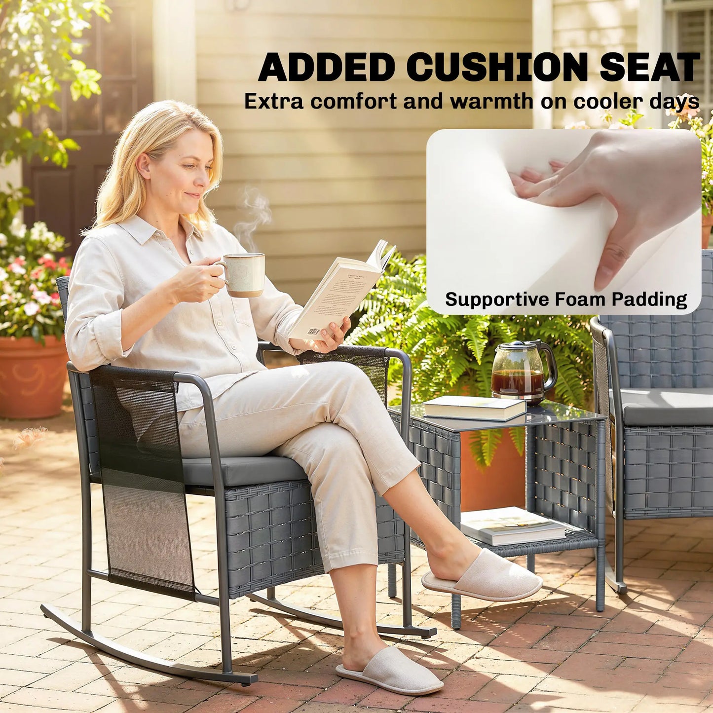 3-Piece Rocking Bistro Set, Mesh Seat, Cushions, 2-Tier Table, Grey Bistro Sets at Gallery Canada