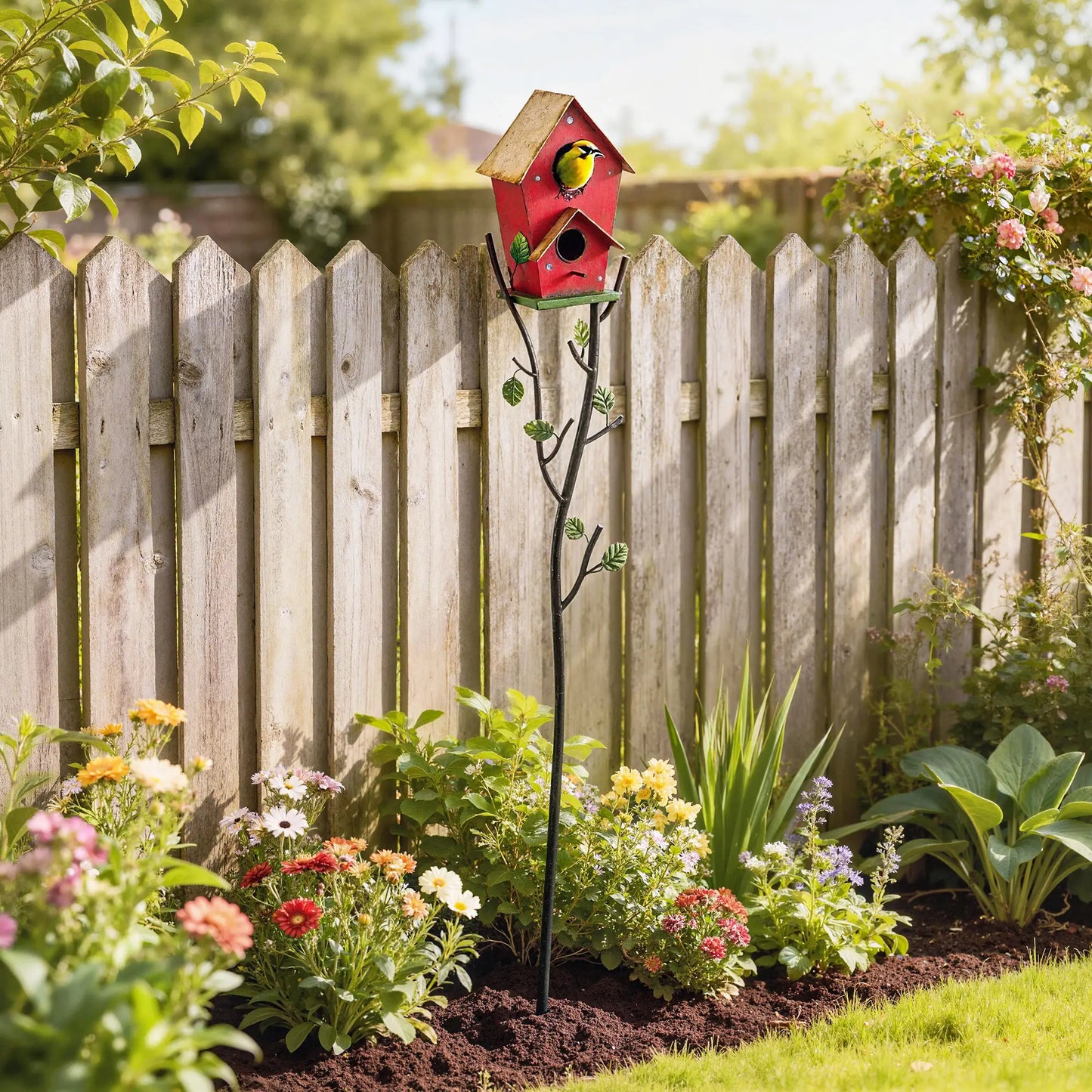 57" Outdoor Bird House With Pole, Metal, Double-Hole, Red Birds at Gallery Canada