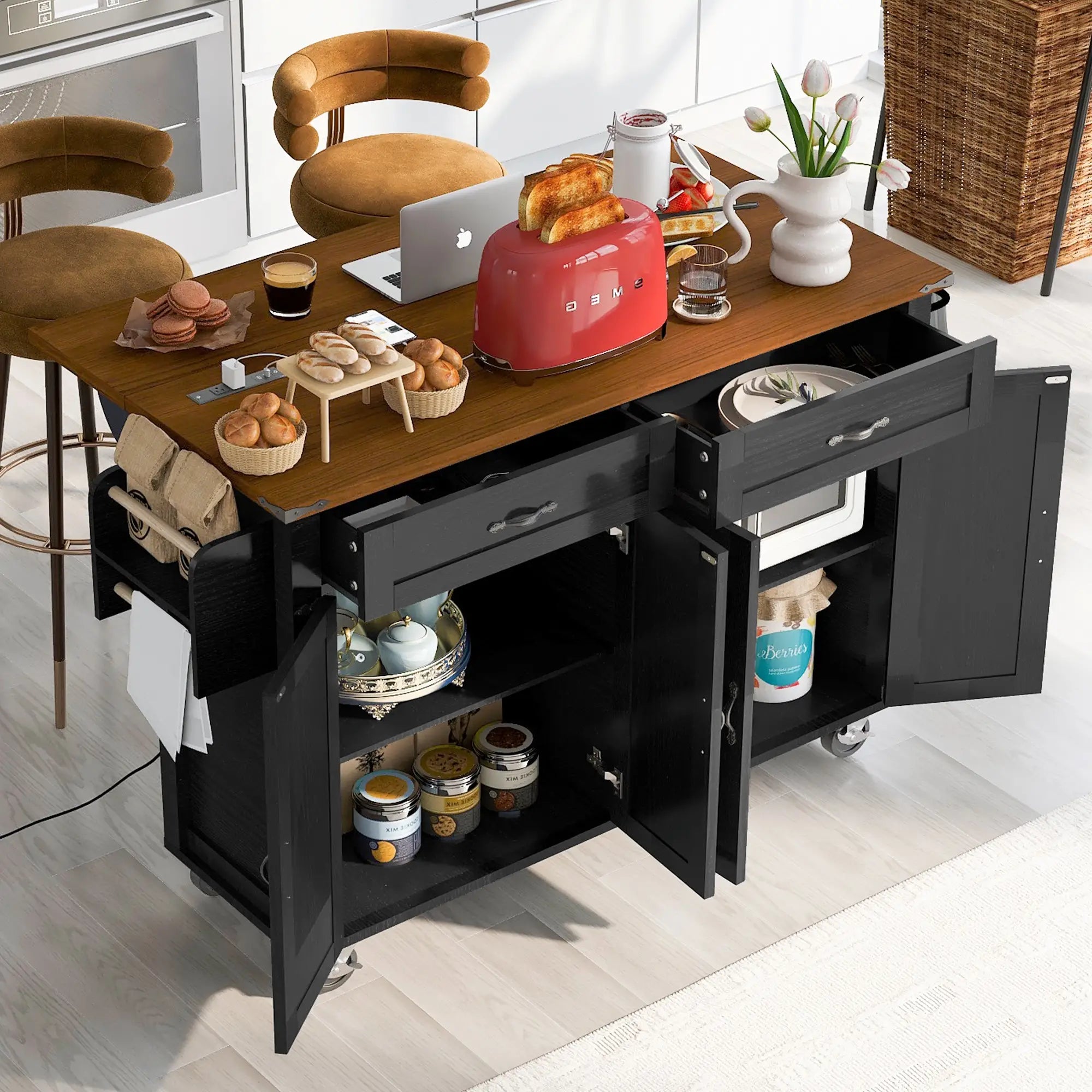 Kitchen Island with Spice Rack, Storage Drawers, Power Outlet, 53.5
