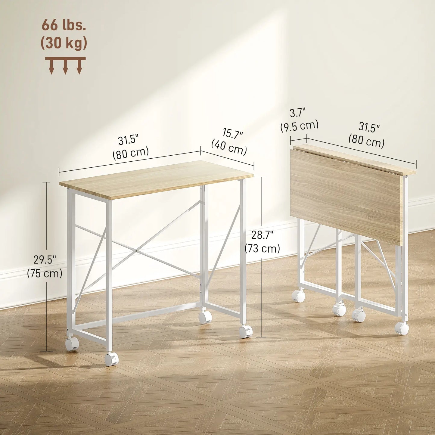 31.5" Folding Desk With Wheels, Home Office Desk, Natural Wood, Natural Wood