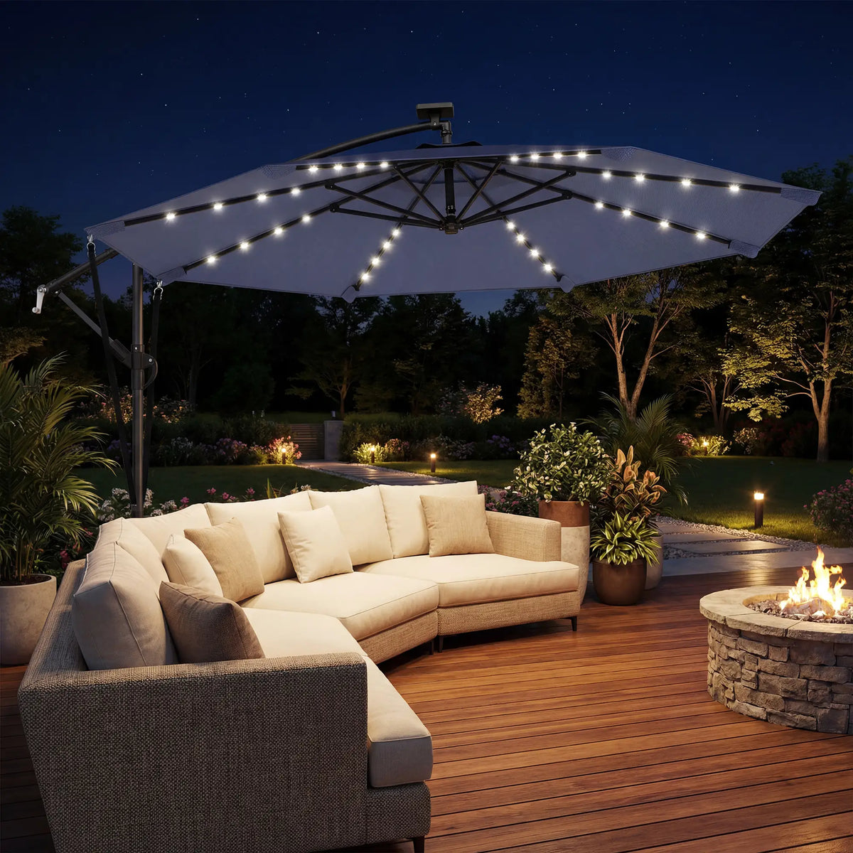 9.7ft Solar LED Cantilever Patio Umbrella, 32 LED Lights, Dark Blue Offset Cantilever Umbrellas at Gallery Canada