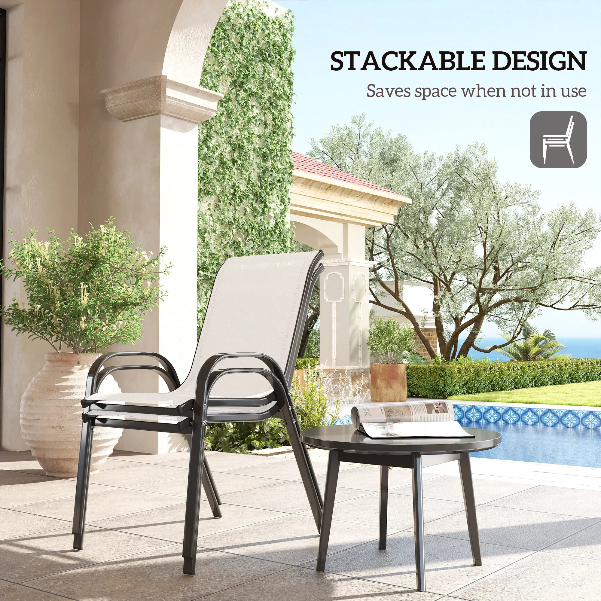Set of 2 Outdoor Dining Chairs, Stackable, High Back, Light Grey Patio Chairs at Gallery Canada