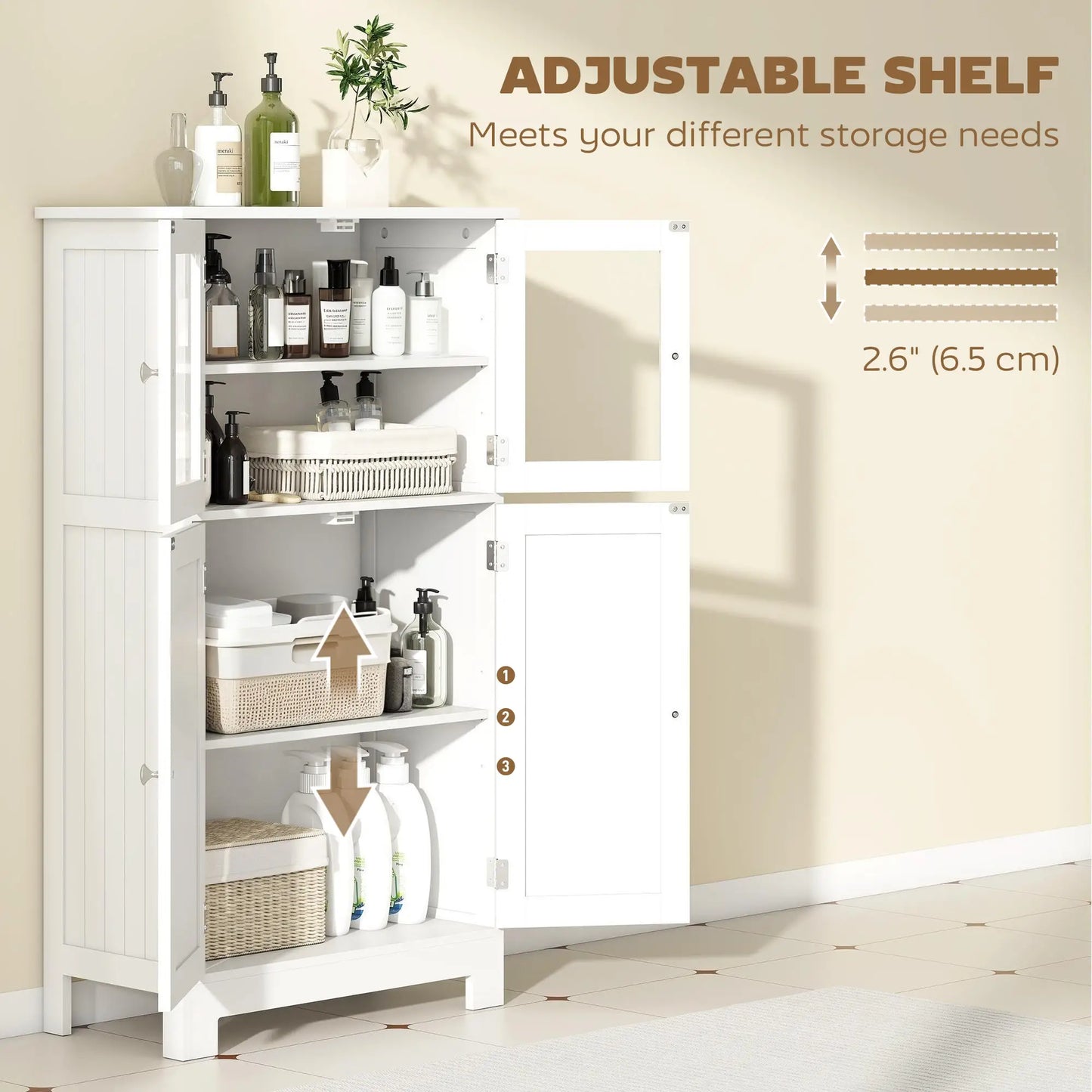 Bathroom Floor Storage Cabinet, Tempered Glass Doors, Adjustable Shelf, White Bathroom Cabinets at Gallery Canada