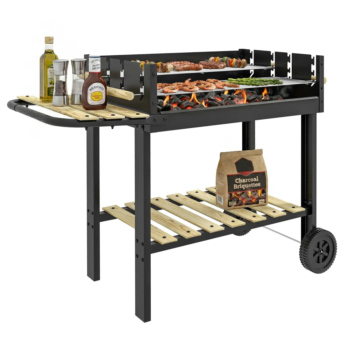 Charcoal Grill, Barbecue Trolley, Double Adjustable Grill, Black Charcoal BBQ Grils at Gallery Canada