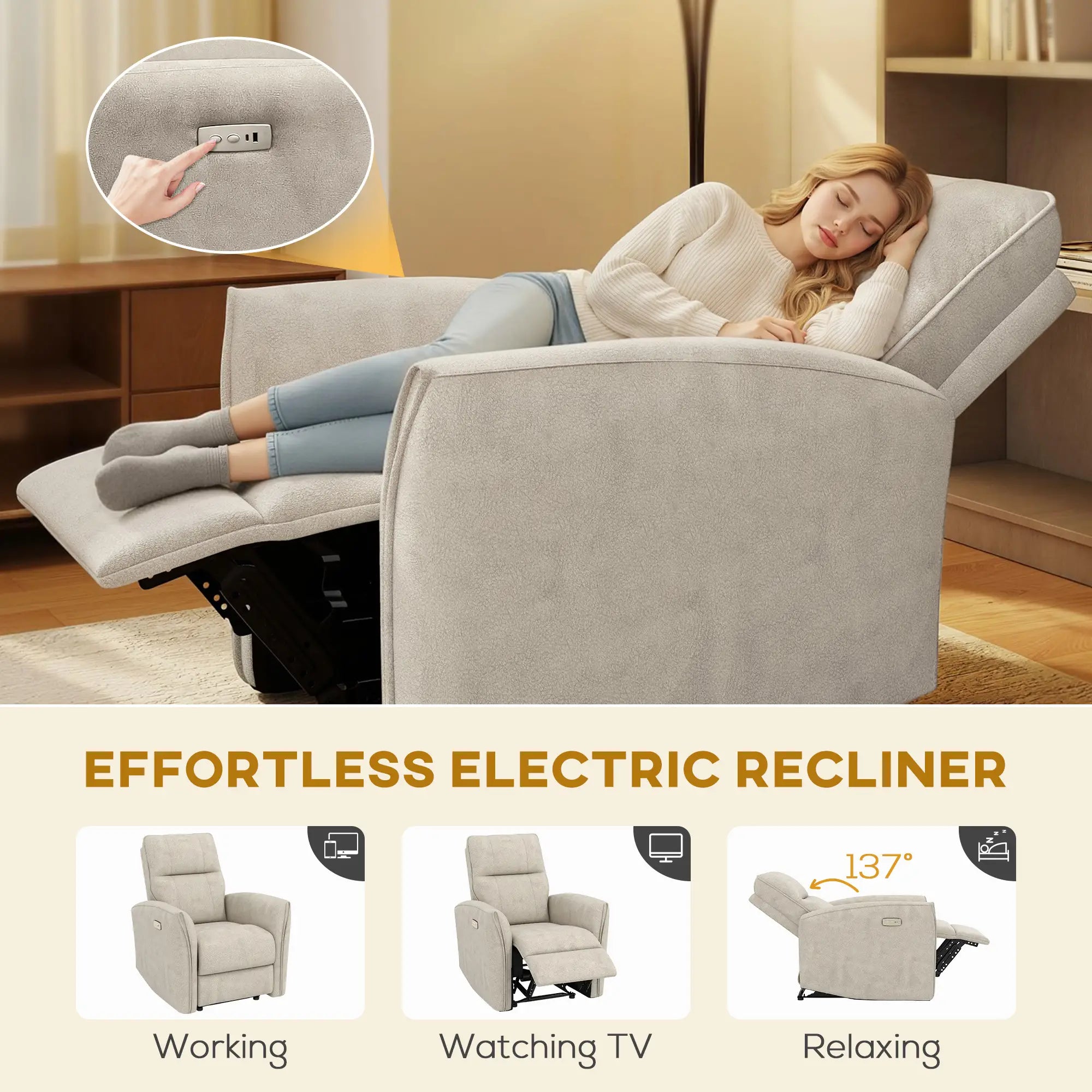 Power Recliner Chair, Fabric Upholstered, USB Ports, Footrest, Beige Sofas & Reclining Chairs at Gallery Canada