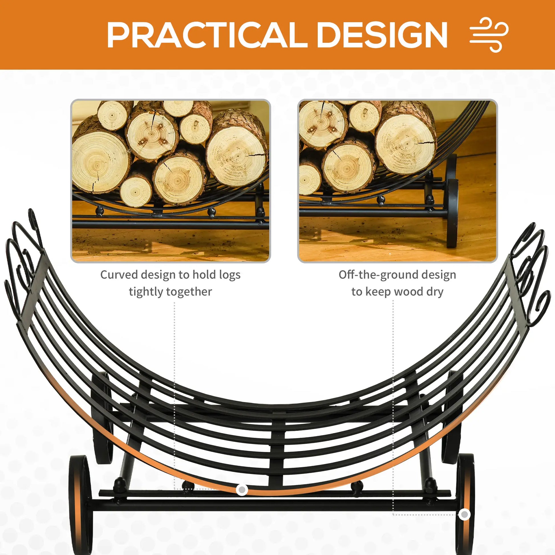 23" Curved Firewood Log Rack, Scroll Design, Indoor Outdoor, Black Firewood Racks at Gallery Canada