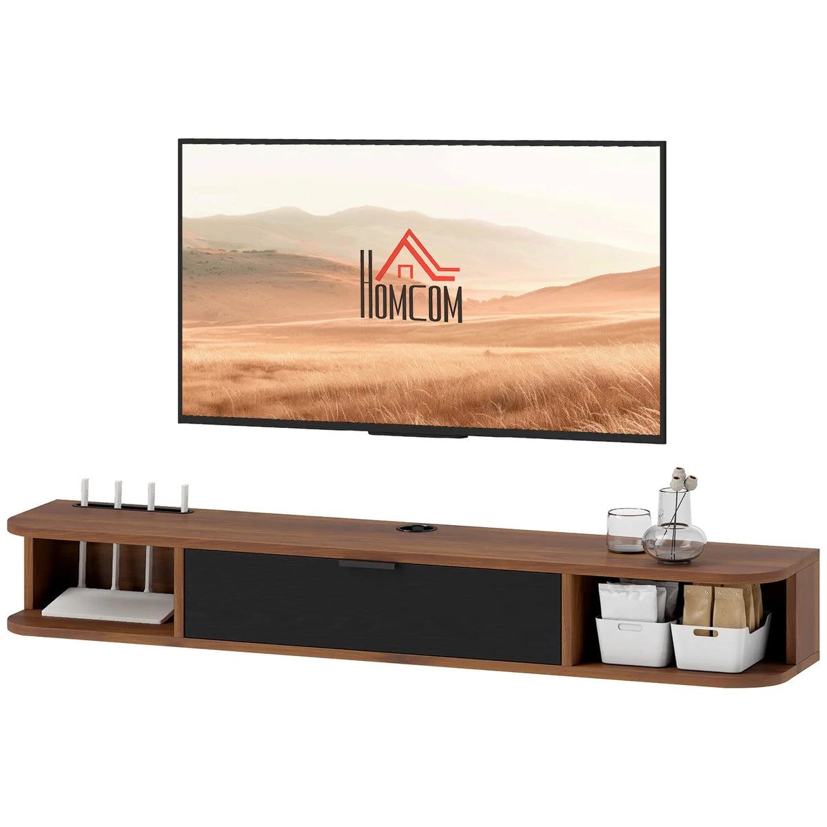 47 Inch Floating TV Stand, Wall Mounted Media Console, Flip Drawer, 2 Open Shelves, Walnut TV Stands Walnut, Black at Gallery Canada