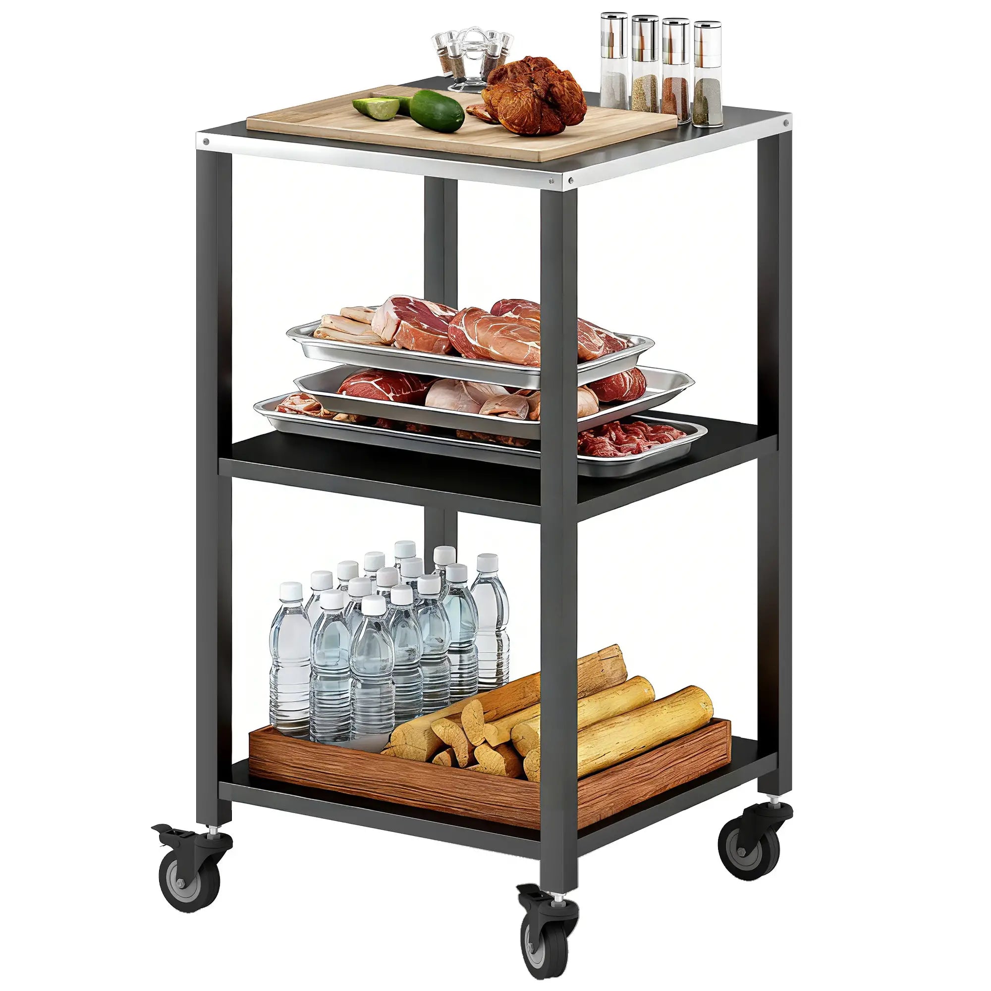 Outdoor Grill Cart, Pizza Oven Stand, 3-Tier Rolling Kitchen Prep Station, Black Outdoor Grill Carts Black at Gallery Canada