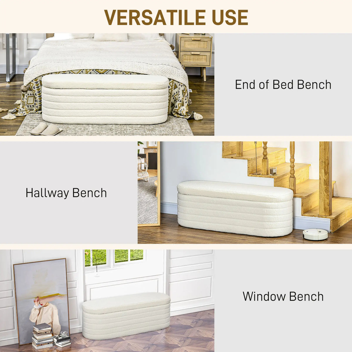 Banc de lit rembourré en polaire Teddy, 116 cm, Blanc Crème, Blanc Crème