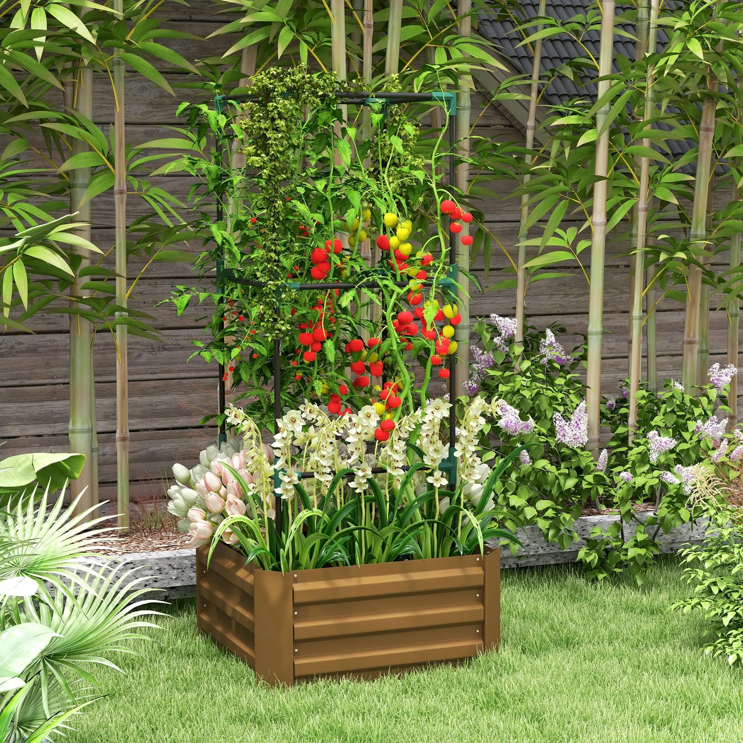Galvanized Planter Box, Outdoor Raised Garden Bed with 3-Tier Trellis Tomato Cage for Climbing Vines, Vegetables, Brown Galvanized Planter Boxes at Gallery Canada
