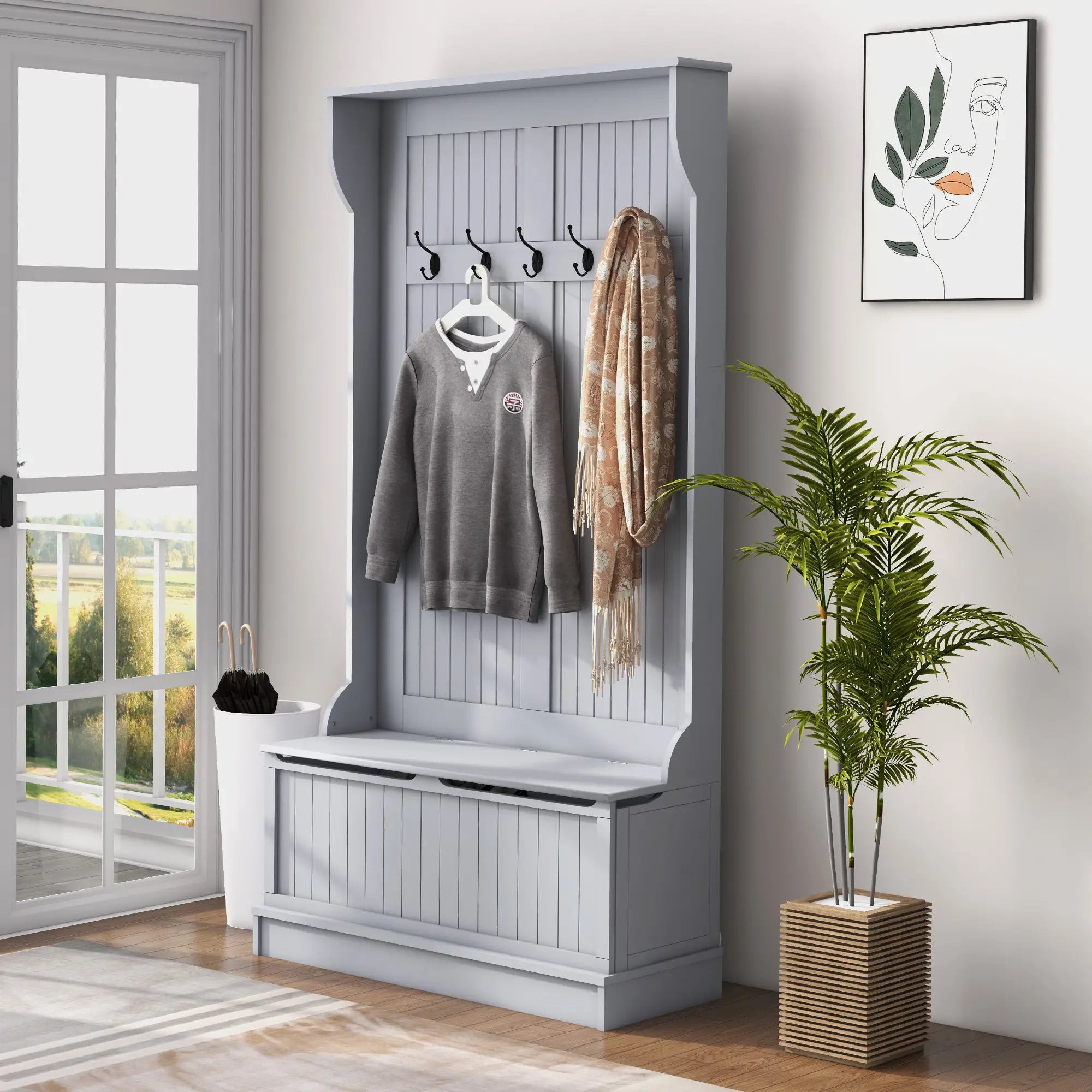 3-In-1 Entryway Hall Tree, Coat Rack, Bench, Shoe Storage, 5 Hooks, Grey Clothing Storage at Gallery Canada