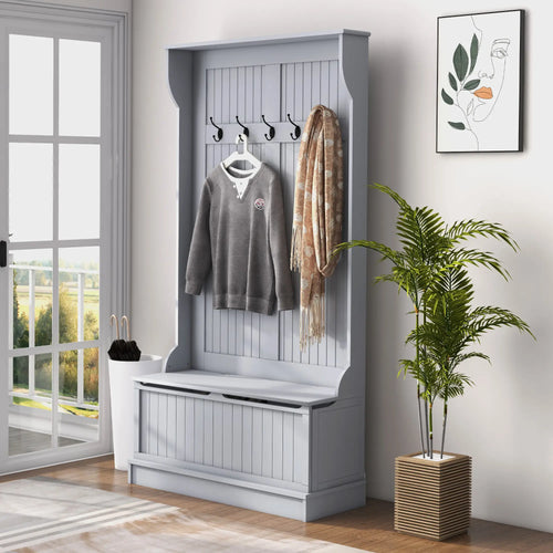 3-In-1 Entryway Hall Tree, Coat Rack, Bench, Shoe Storage, 5 Hooks, Grey