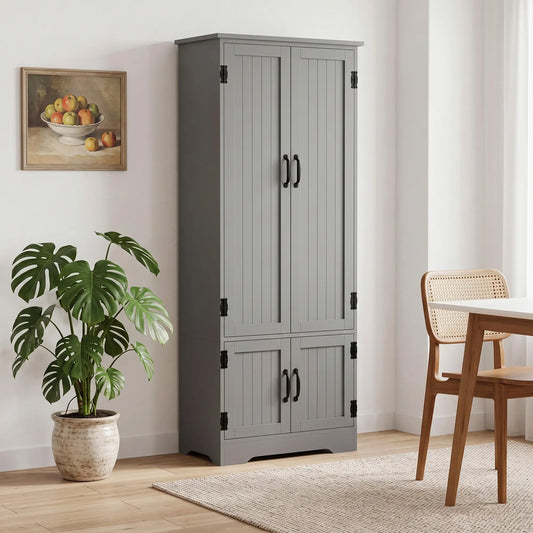 60" 4-Door Storage Cabinet, Multi-Storey Pantry, Adjustable Shelves, Grey, Grey Kitchen Pantry Cabinets Grey at Gallery Canada