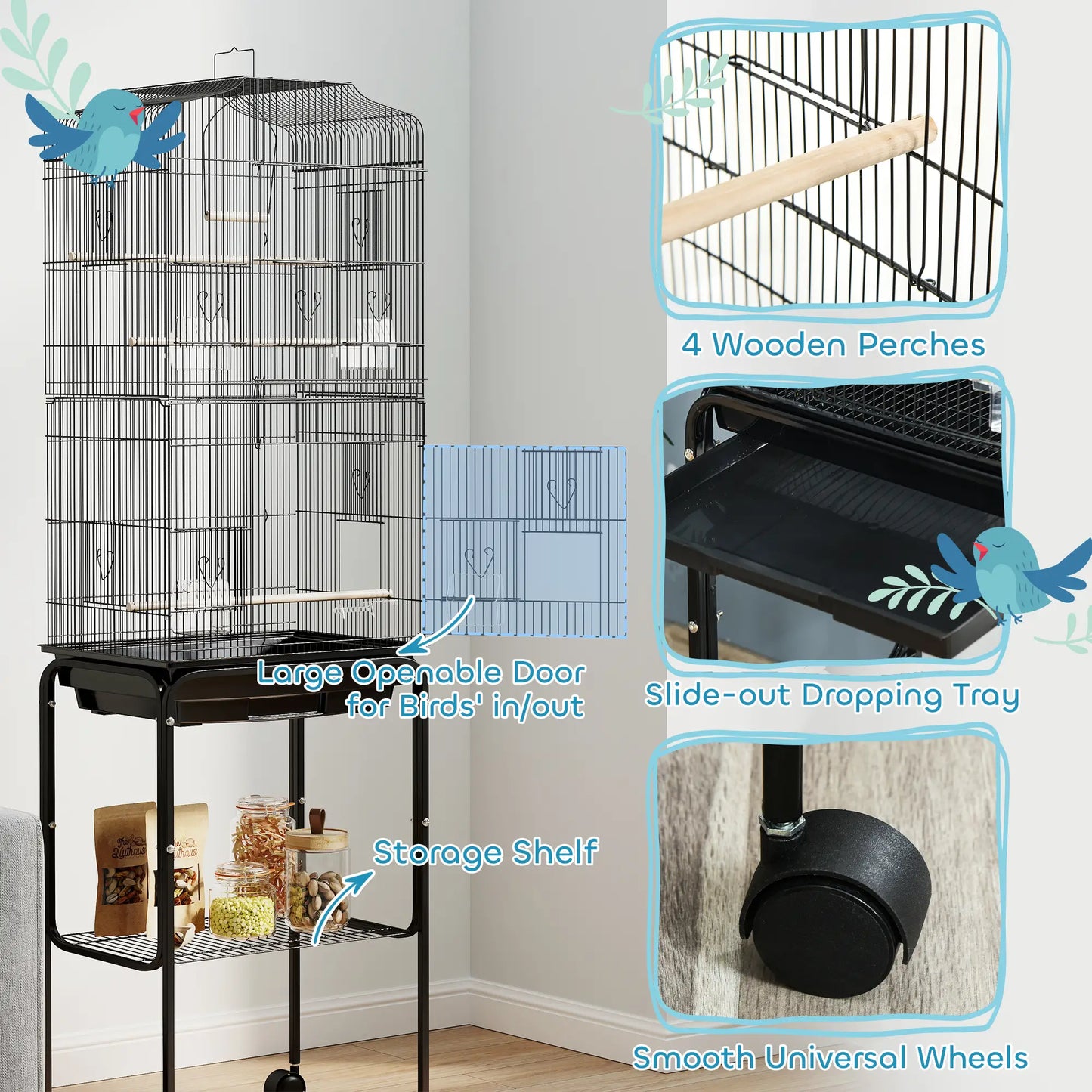 62" Rolling Bird Cage, Cockatoo House, Play Top, Storage Shelf, Wheels, Black Bird Cages at Gallery Canada