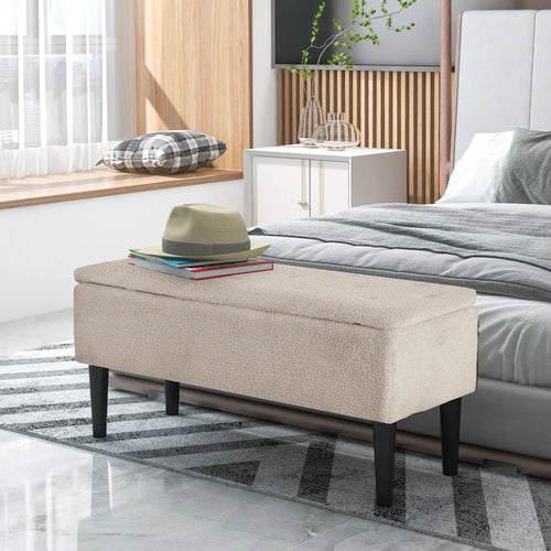 Modern Storage Bench, Ottoman with Lamb's Wool Upholstery, Cream White