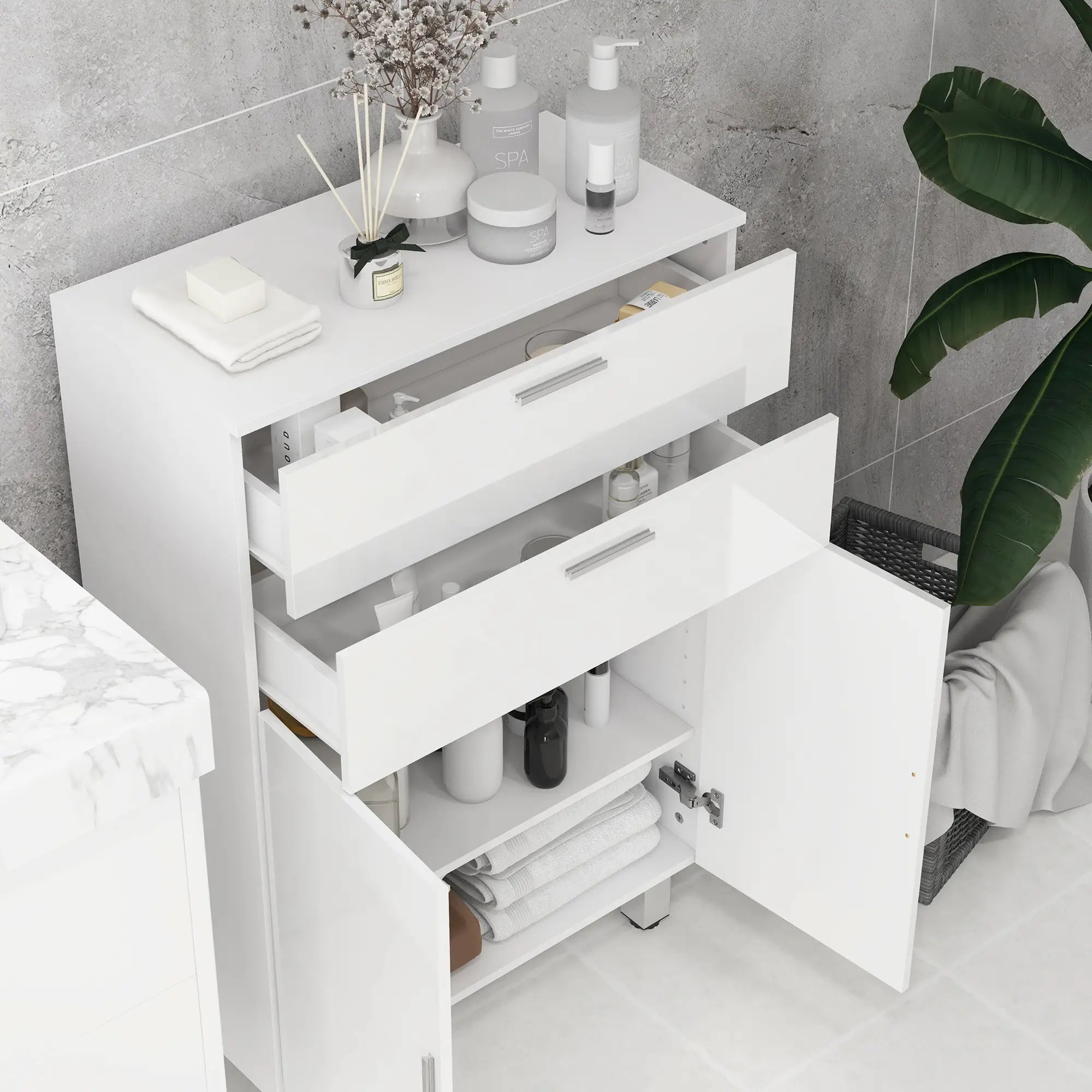 Bathroom Floor Cabinet, 2 High Gloss Drawers, White, White Freestanding Bathroom Cabinets at Gallery Canada