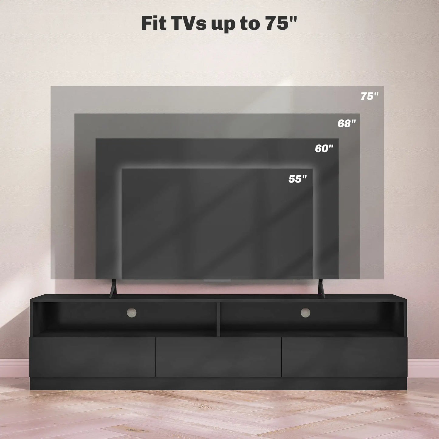 LED Lighted TV Stand for 75", Storage Drawers, High Gloss Black, Black TV Stands at Gallery Canada