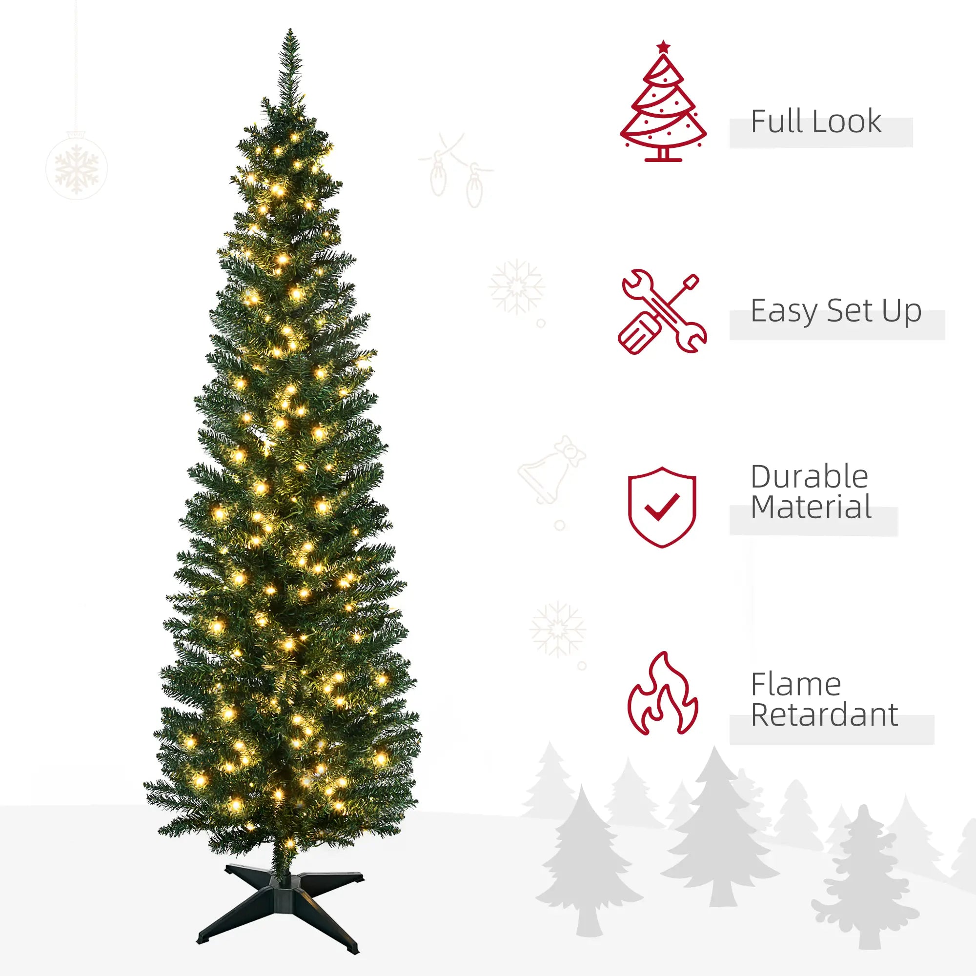 7' Pre Lit Artificial Pencil Christmas Tree, Warm White LED Lights, Green Pencil Christmas Trees at Gallery Canada