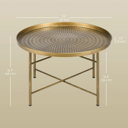 Vintage Coffee Table for Living Room, 24" Round Center Table with Hammered Tray Top and Metal Frame, Gold Coffee Tables at Gallery Canada