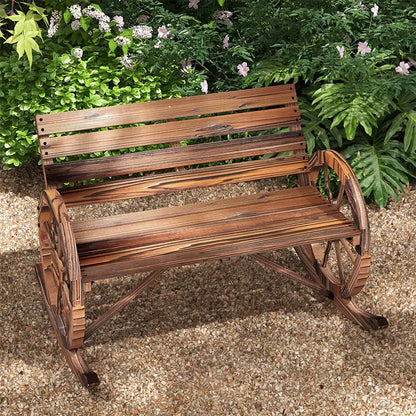 Wood Outdoor Loveseat, Carbonized, Wagon Wheel Armrests Outdoor Rocking Chairs at Gallery Canada