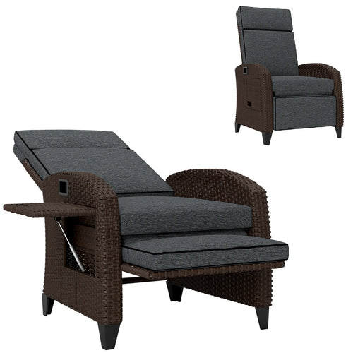 Outdoor Recliner Chair, Adjustable Backrest, Cushion, Side Tray, Dark Grey
