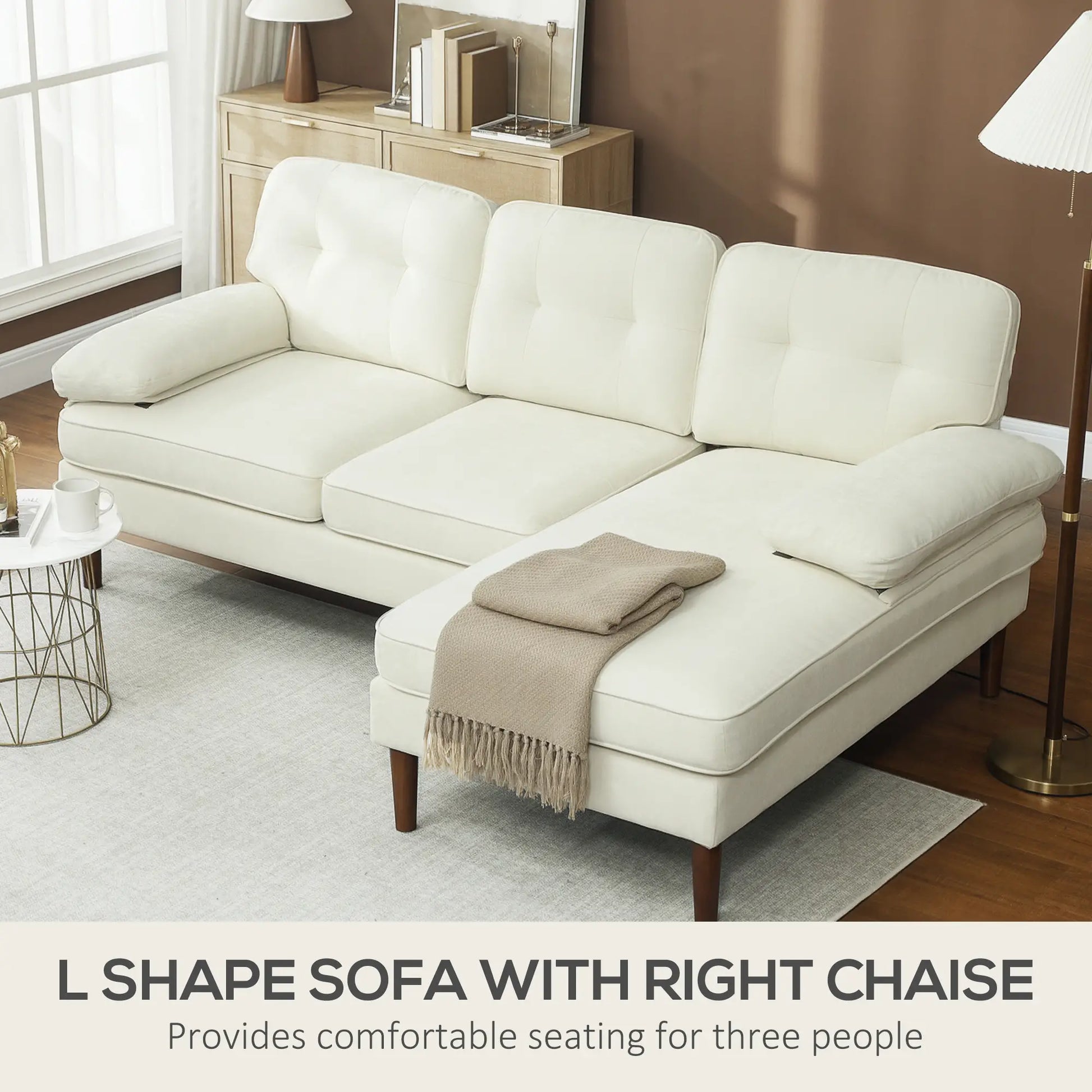 Modern Corner Couch, Right Chaise Lounge, Tufted 3-Seater Sofa, Wooden Legs, Cream White 3-Seater Sofas at Gallery Canada