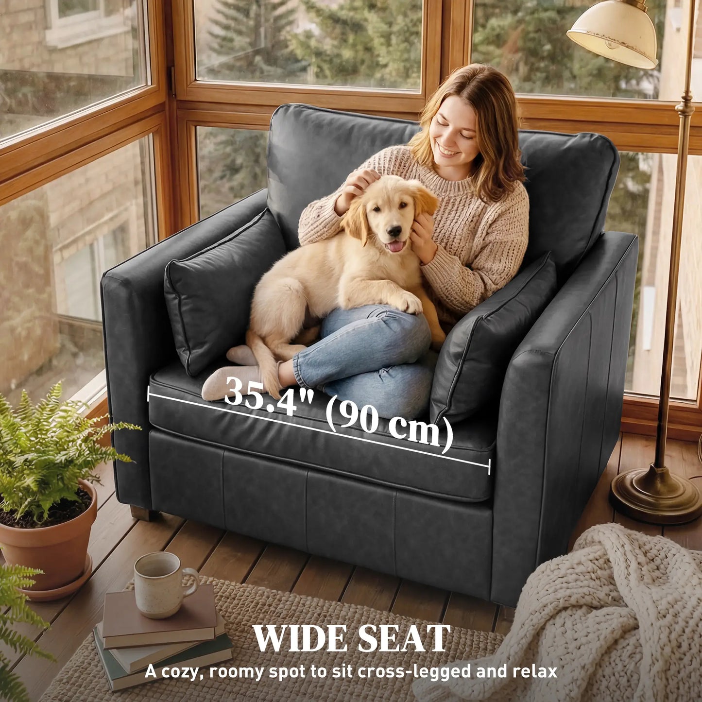 PU Leather Armchair, Wide Seat, Spring Cushion, Rubberwood Legs, Black Single Sofas at Gallery Canada