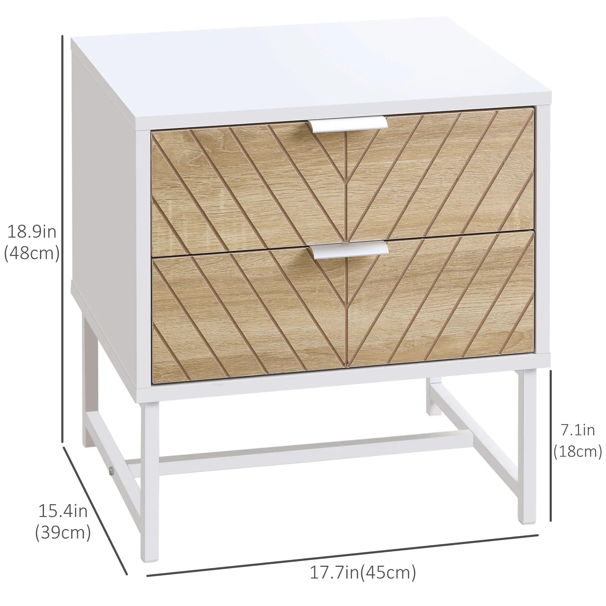 Modern Bedside Table, 2 Drawers, Steel Frame, Oak, White Bedside Tables at Gallery Canada