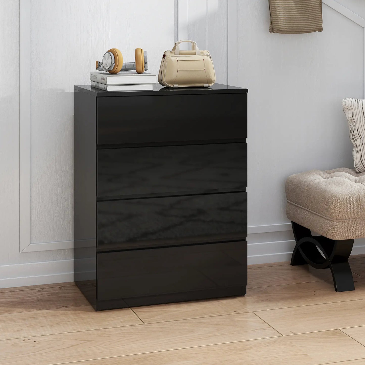 Armoire 4 tiroirs, Coffre haut brillant avec coulisses métalliques, Noir