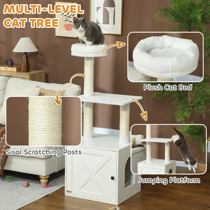 Cat Tree with Litter Box, Scratching Posts, Large Platform, Bed, White Cat Litter Box Enclosures at Gallery Canada