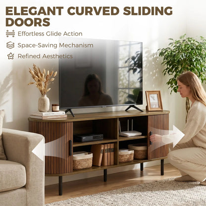 TV Stand for TVs up to 60", Modern Entertainment Center with Curved Sliding Doors, Walnut Brown