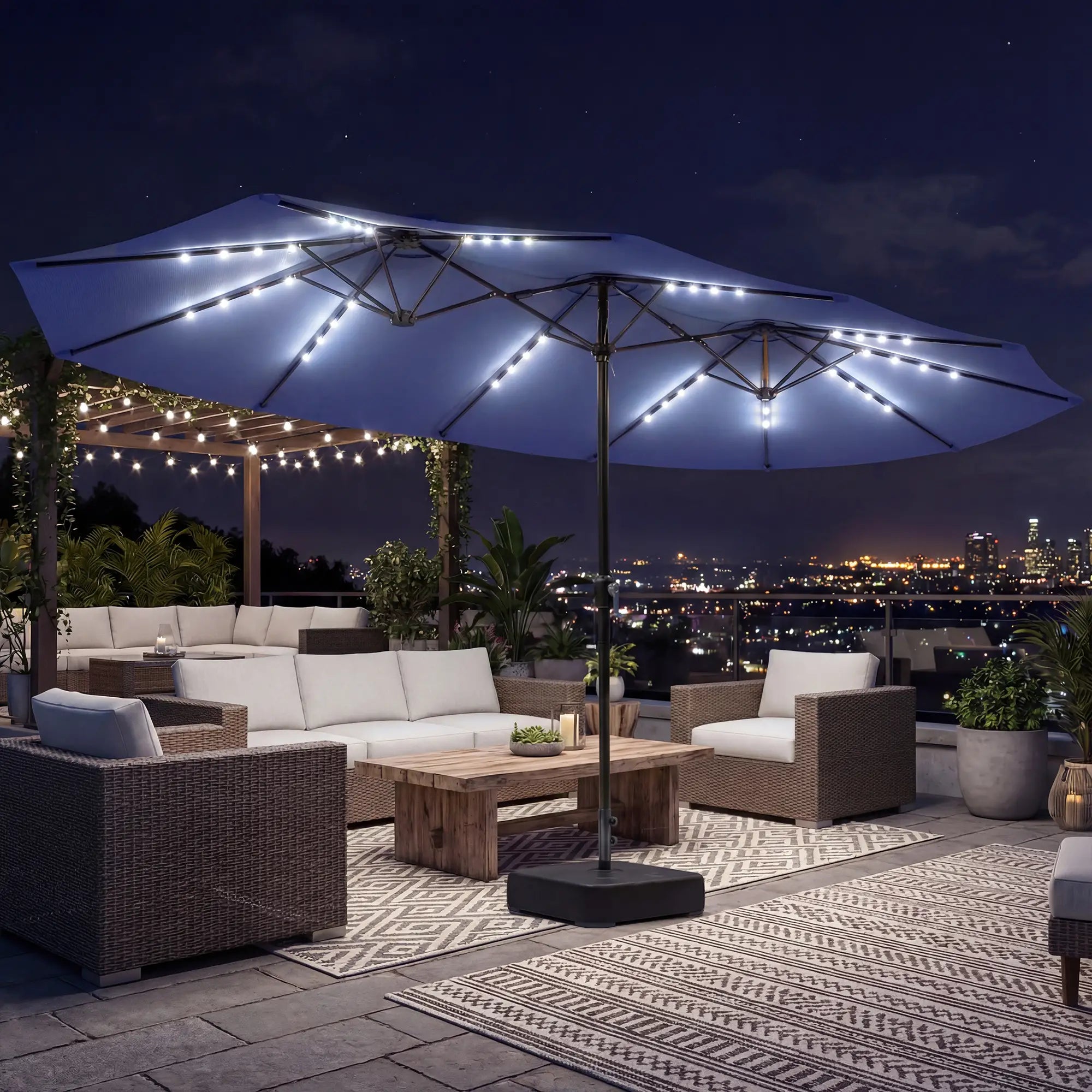 Double-Sided Patio Umbrella, 15ft, 48 LED Lights, Base Included, Dark Blue Double-sided Umbrellas at Gallery Canada