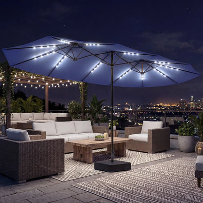 Double-Sided Patio Umbrella, 15ft, 48 LED Lights, Base Included, Dark Blue Double-sided Umbrellas at Gallery Canada