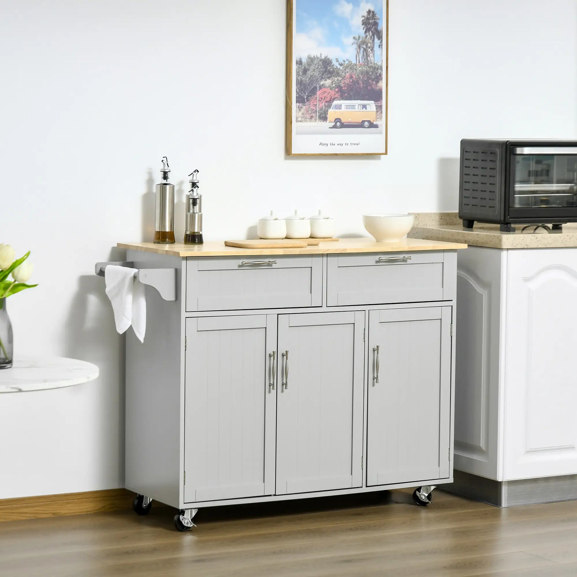 Rolling Kitchen Island, Cart with 2 Drawers, 3 Door Cabinets, 3-Doors, Grey Kitchen Islands & Kitchen Carts at Gallery Canada