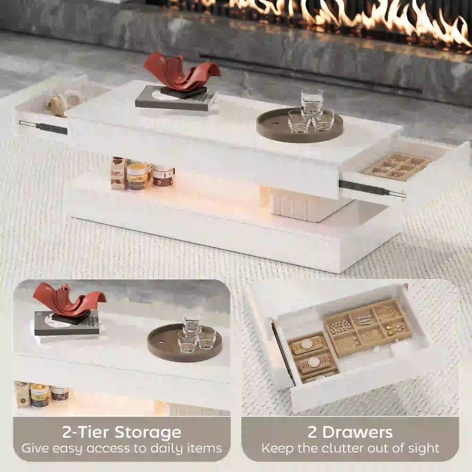 Adjustable LED Coffee Table, 2 Drawers, Open Shelf, Remote, White Coffee Tables at Gallery Canada