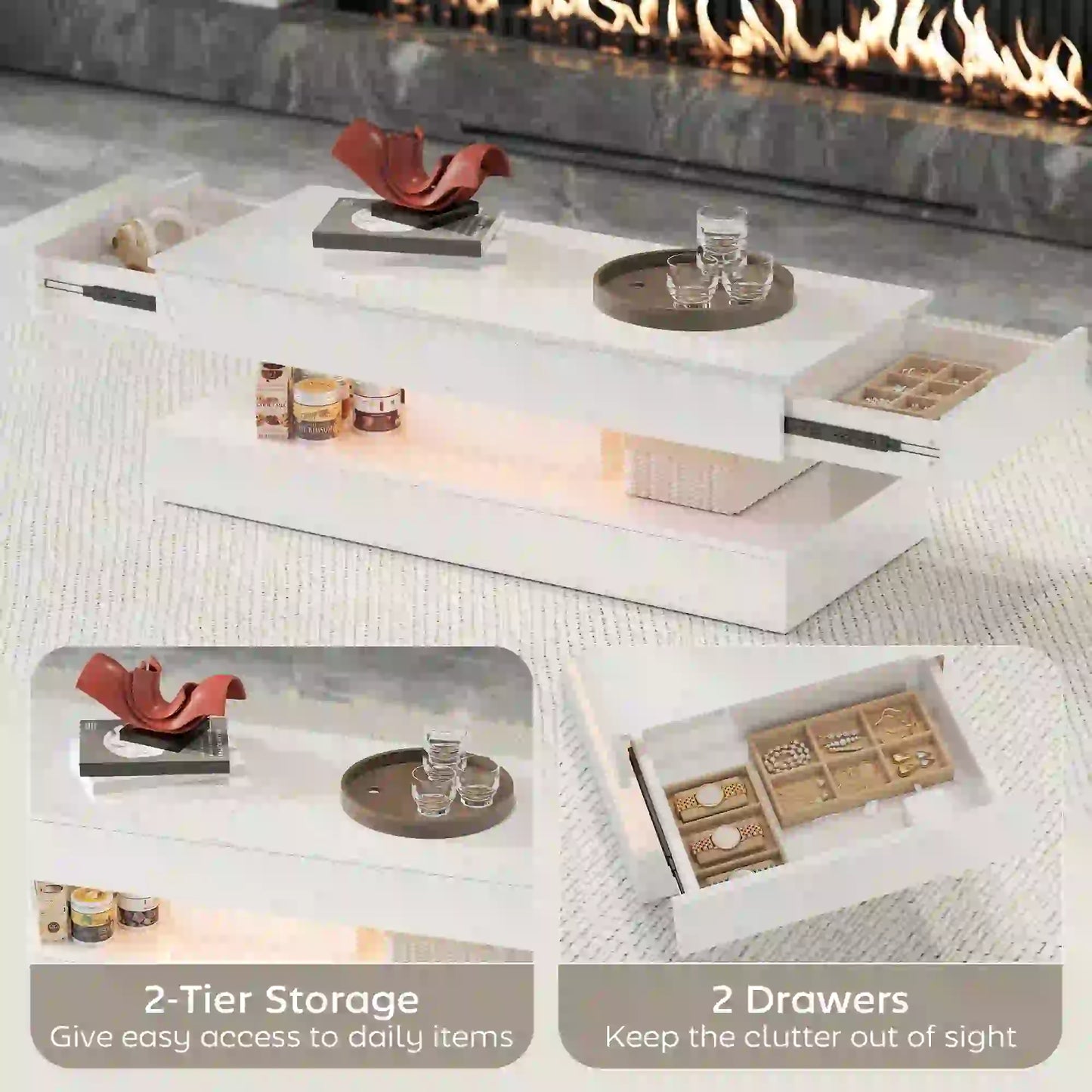 Adjustable LED Coffee Table, 2 Drawers, Open Shelf, Remote, White Coffee Tables at Gallery Canada