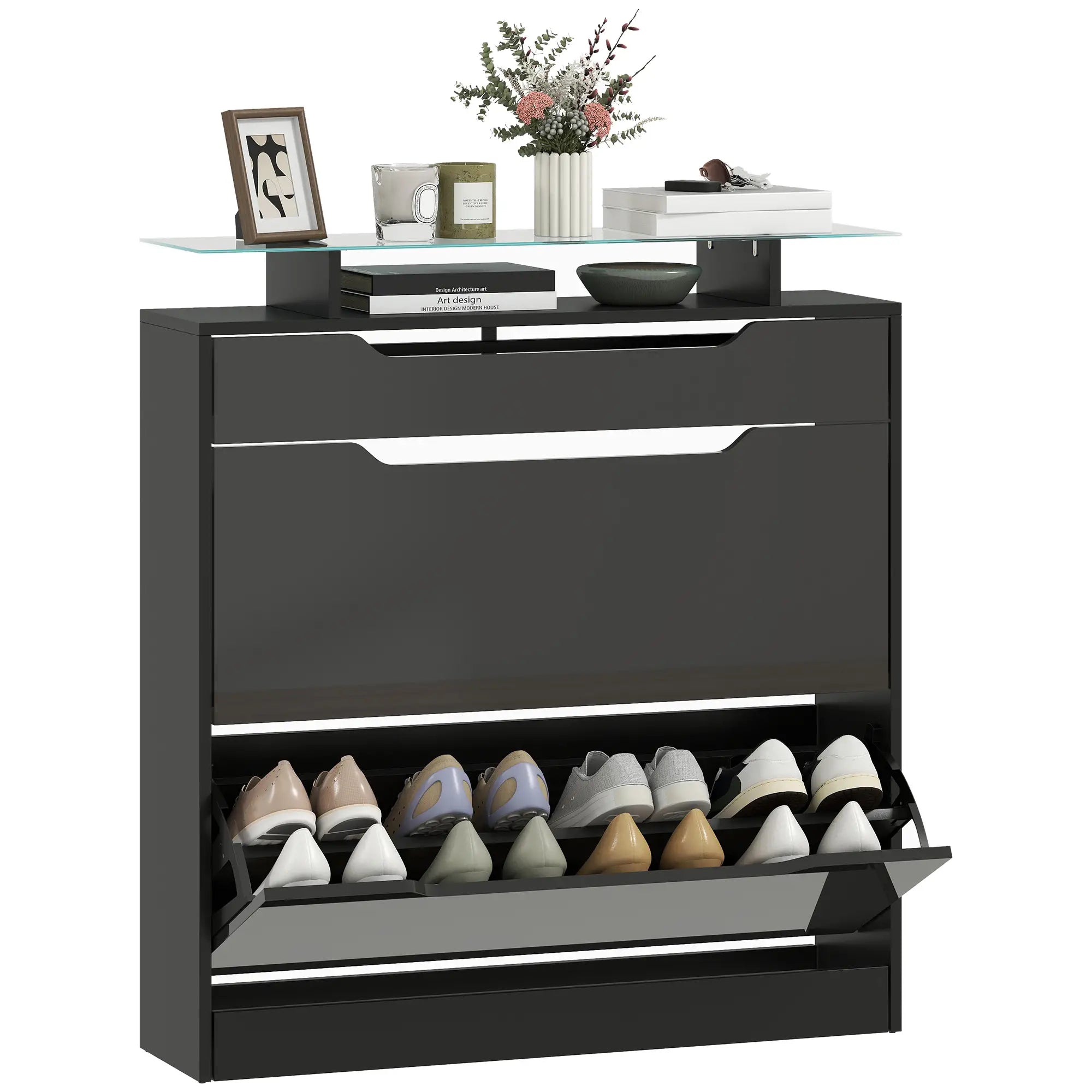 High Gloss Shoe Cabinet, 2 Flip Drawers, Adjustable Shelves, Black, Black Storage Cabinets at Gallery Canada