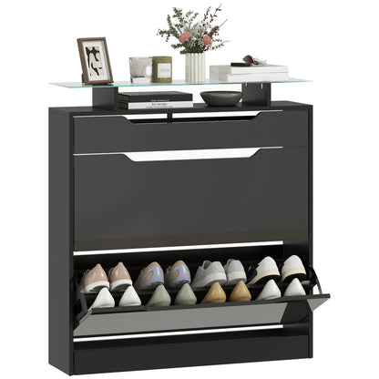 High Gloss Shoe Cabinet, 2 Flip Drawers, Adjustable Shelves, Black, Black Storage Cabinets at Gallery Canada
