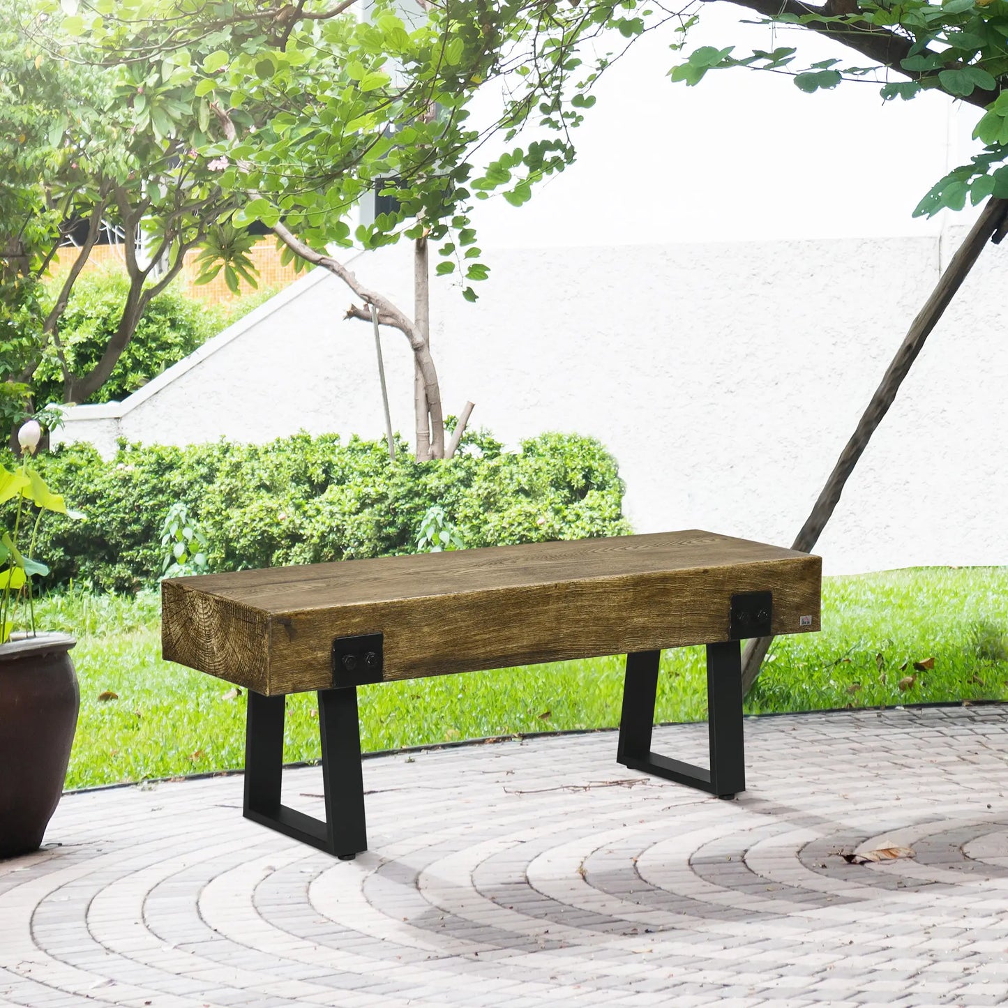 Outdoor Garden Bench, Metal Legs, Rustic Wood Effect Concrete, Natural and Black, Black Outdoor Benches at Gallery Canada