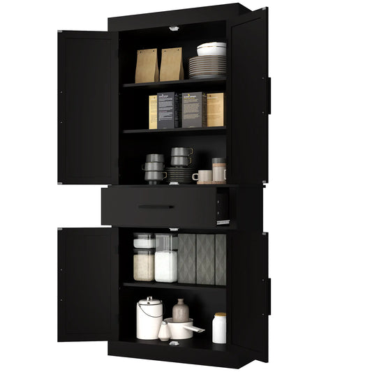 72" Kitchen Storage Cabinet, Farmhouse Pantry, 4 Barn Doors, Drawer, Adjustable Shelves, Black Kitchen Pantry Cabinets Black at Gallery Canada