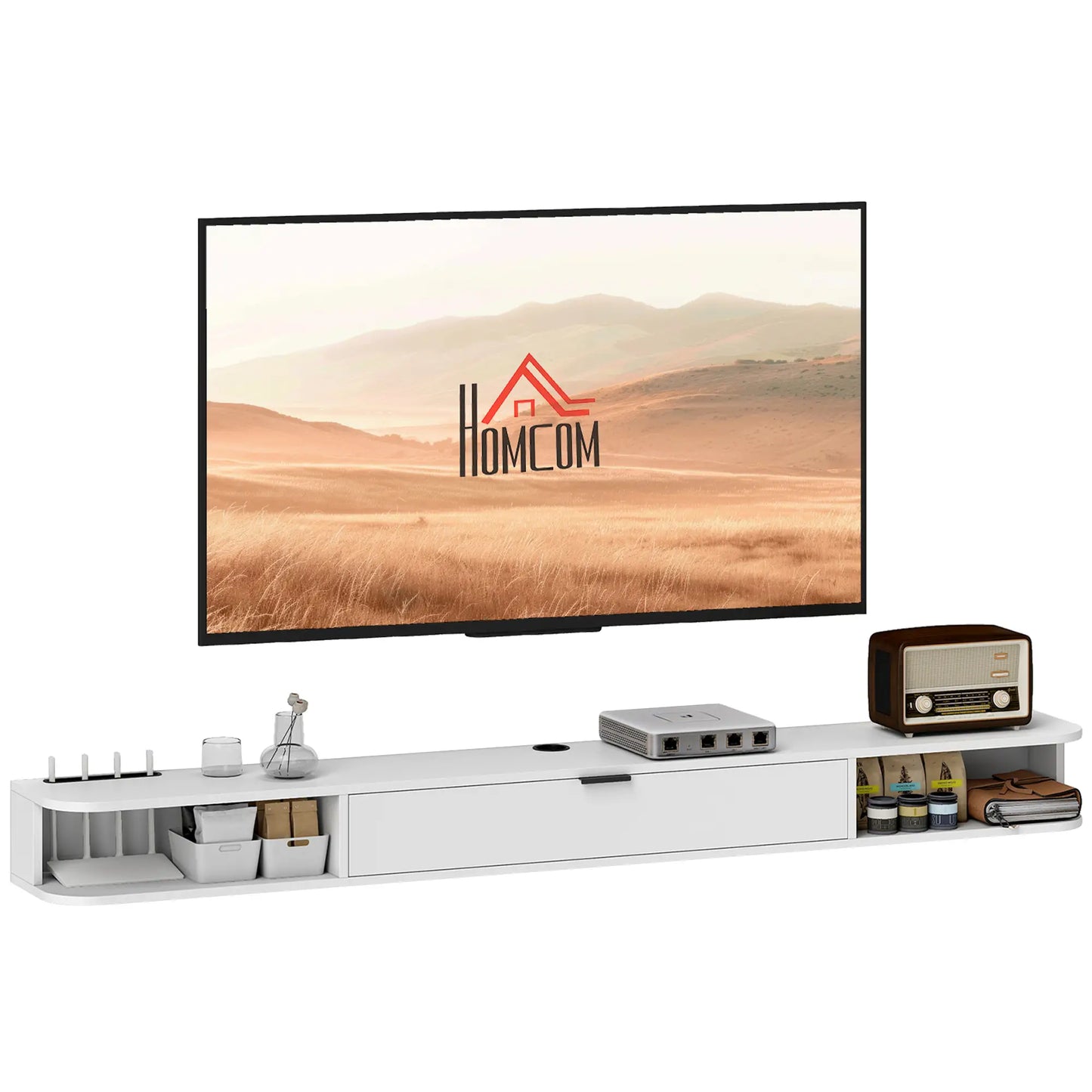 Support TV flottant de 71 pouces, console multimédia murale, blanc