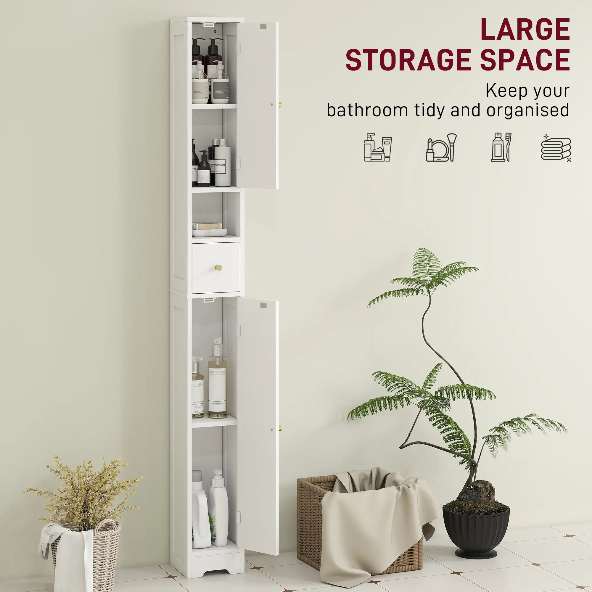 Tall Bathroom Cabinet, Modern Slim Storage, Arched Doors, White Freestanding Bathroom Cabinets at Gallery Canada
