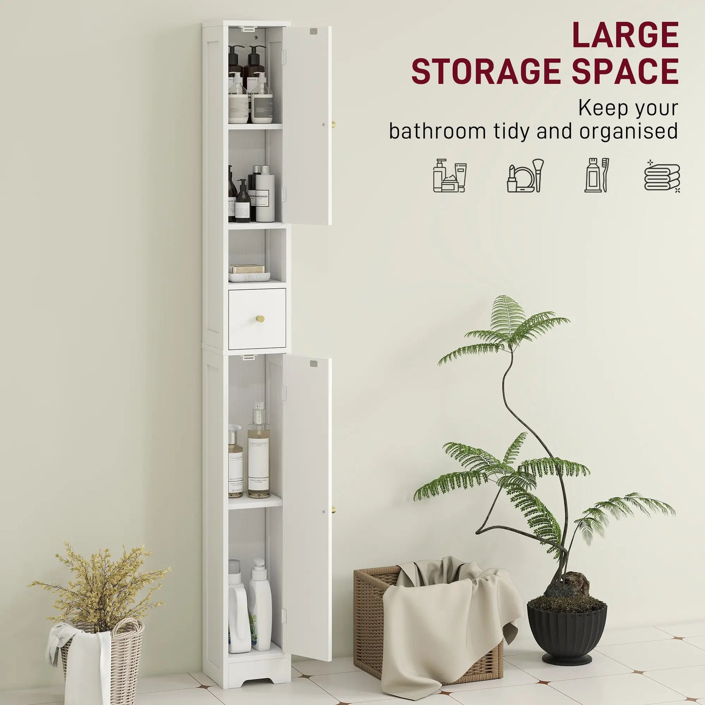 Tall Bathroom Cabinet, Modern Slim Storage, Arched Doors, White Freestanding Bathroom Cabinets at Gallery Canada