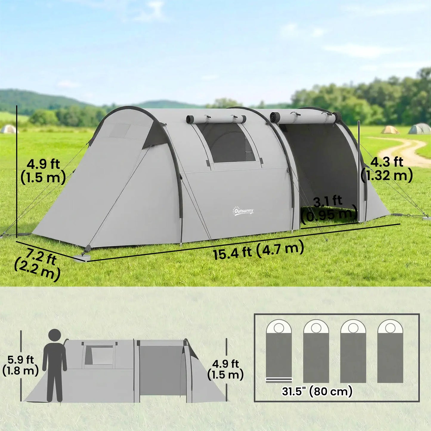 3-4 Person 2 Room Camping Tent 3000mm Waterproof, Grey Camping Tents at Gallery Canada